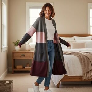 New York & Company Gray and Pink Striped Cardigan‎ XXL